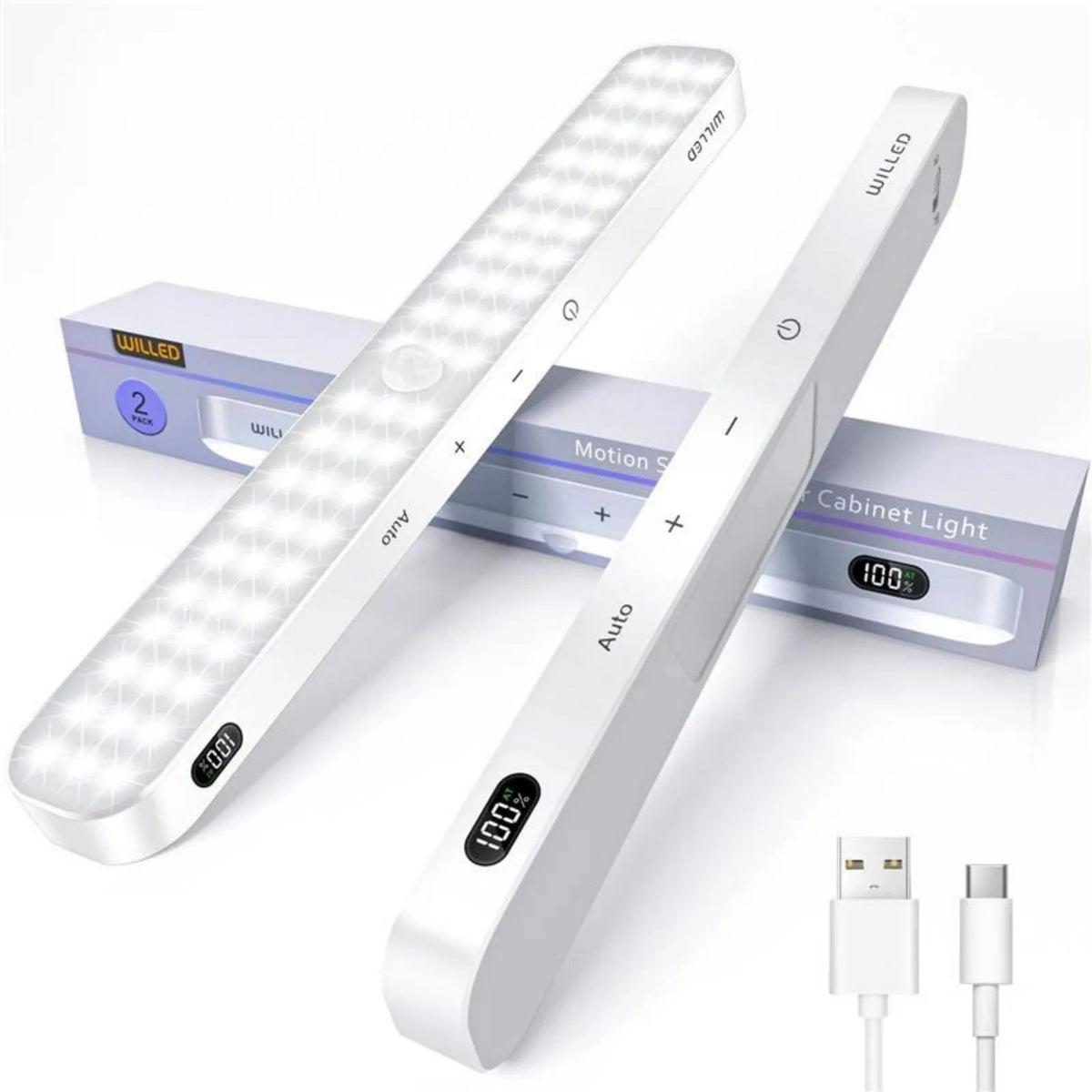 White motion sensor cabinet light with battery display screen, available in 1m to 5m lengths for household use