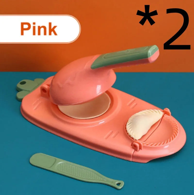 Orange and white plastic dumpling maker tool with ergonomic handle and hanging hole