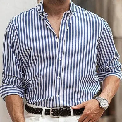 Men's loose striped casual button-up shirt in cardigan style for spring and autumn