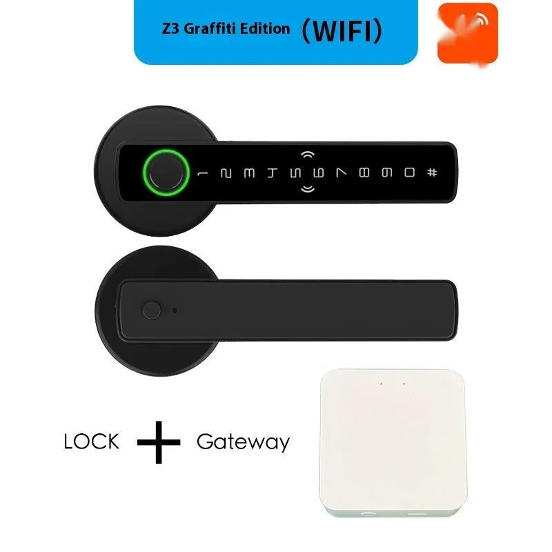 Black smart door lock with single handle design for indoor wooden doors featuring graffiti pass function