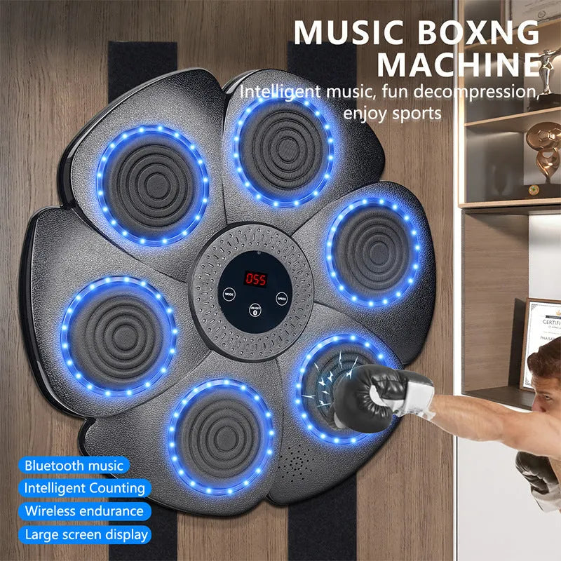 Black smart boxing wall target with LED lights, Bluetooth, and included half-finger gloves