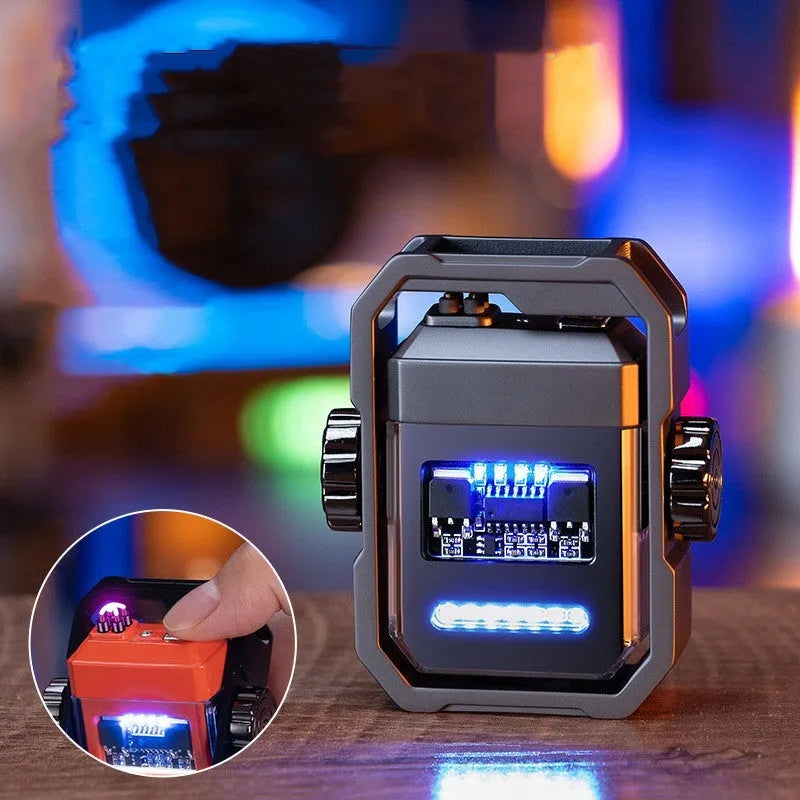 Windproof USB-C rechargeable electric arc lighter with a built-in fidget gyroscope, shown in blue.