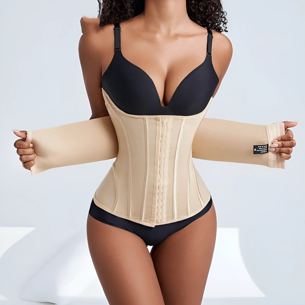 Adjustable nylon belly band for waist training in black and apricot colours with belt tie closure