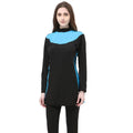 Women's black hooded swimsuit with long sleeves and matching pants for swimming