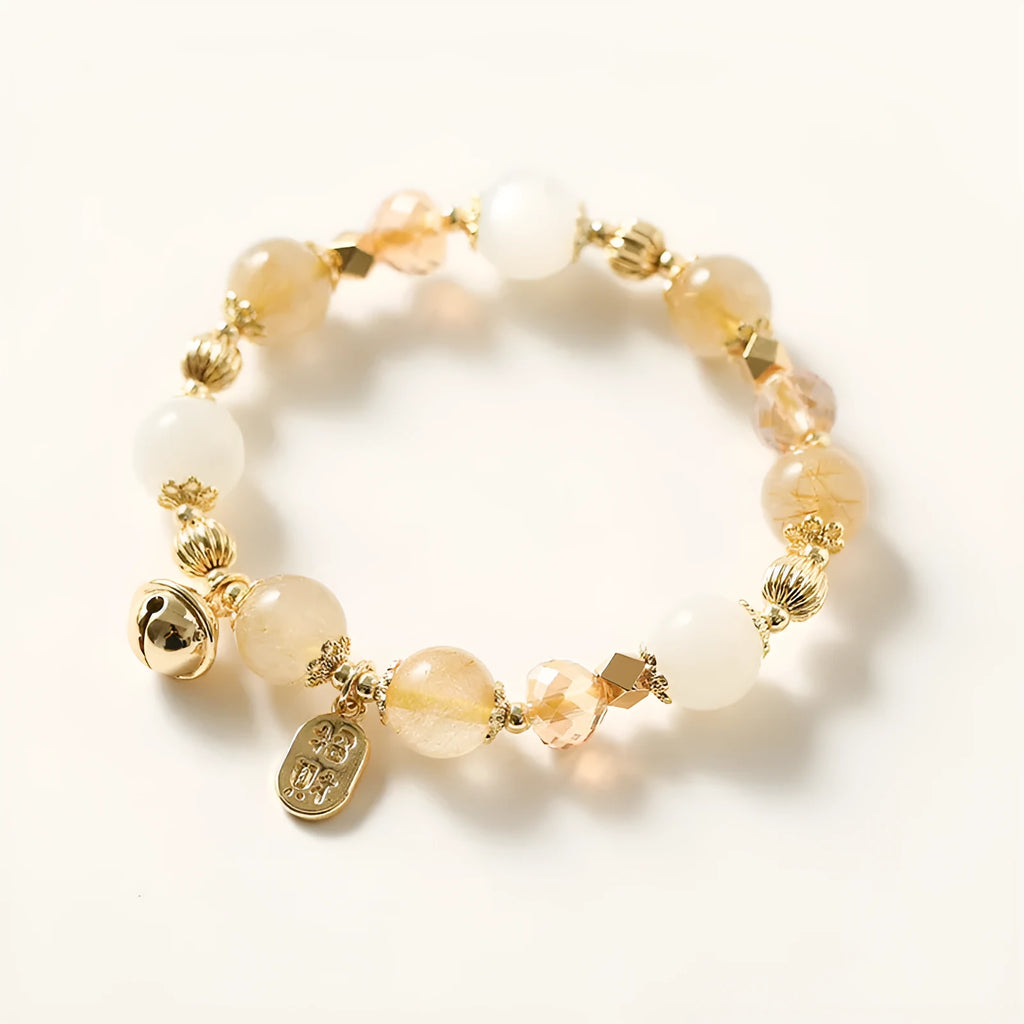 Gold coloured rutilated quartz crystal bracelet with Korean style design and electroplated finish