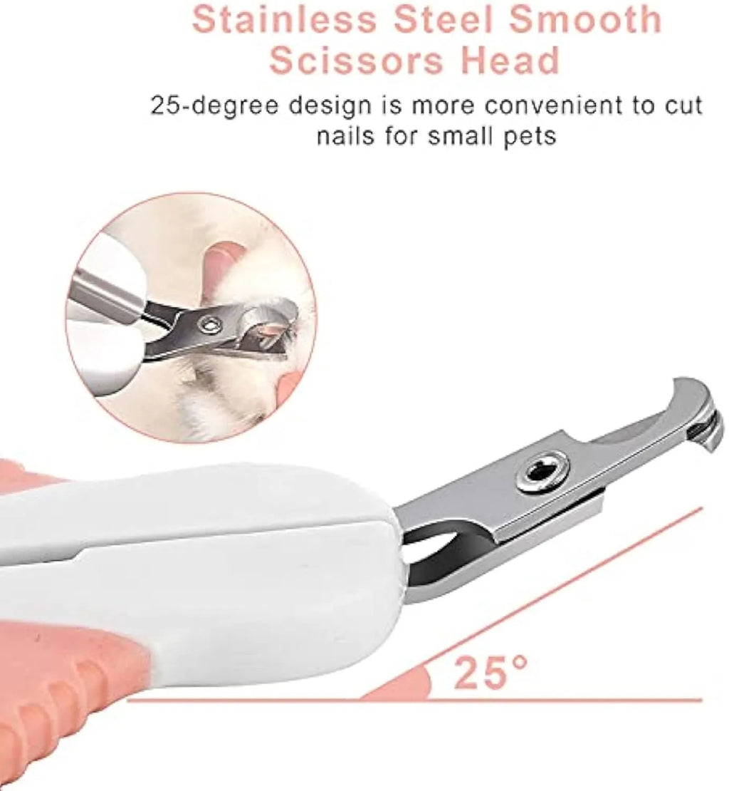 Grey and pink angled pet nail clippers with safety guard and rubberised handles.