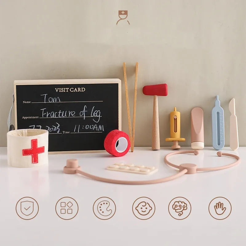 Wooden toy doctor stethoscope with silicone earpieces for children's pretend play