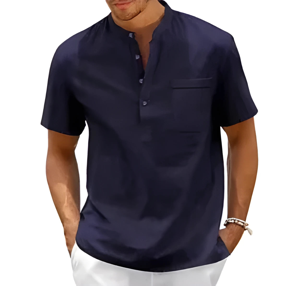 Men's solid colour loose-fit polo shirt with stand collar and short sleeves.
