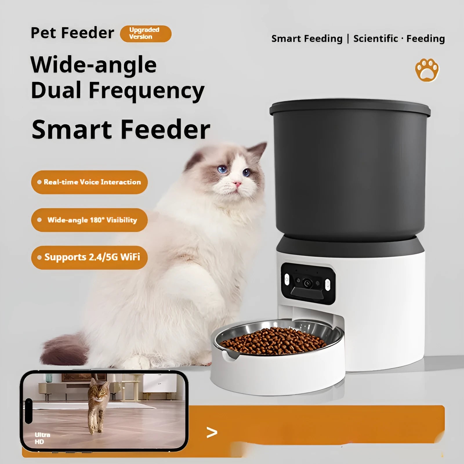 White 4L smart pet feeder with app control and optional camera on a kitchen floor.