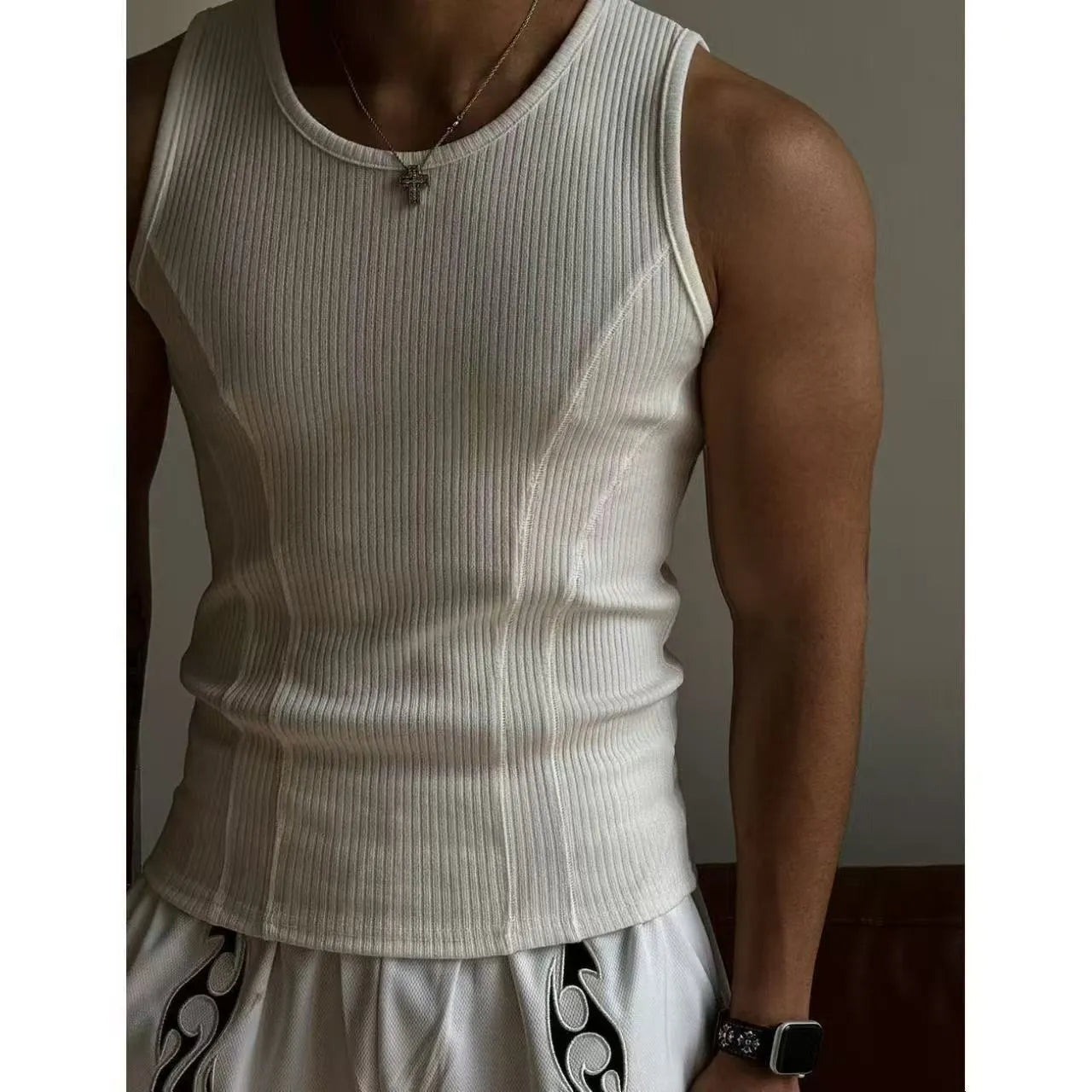 Men's black I-shaped sports tank top vest made from moderate weight polyester fabric