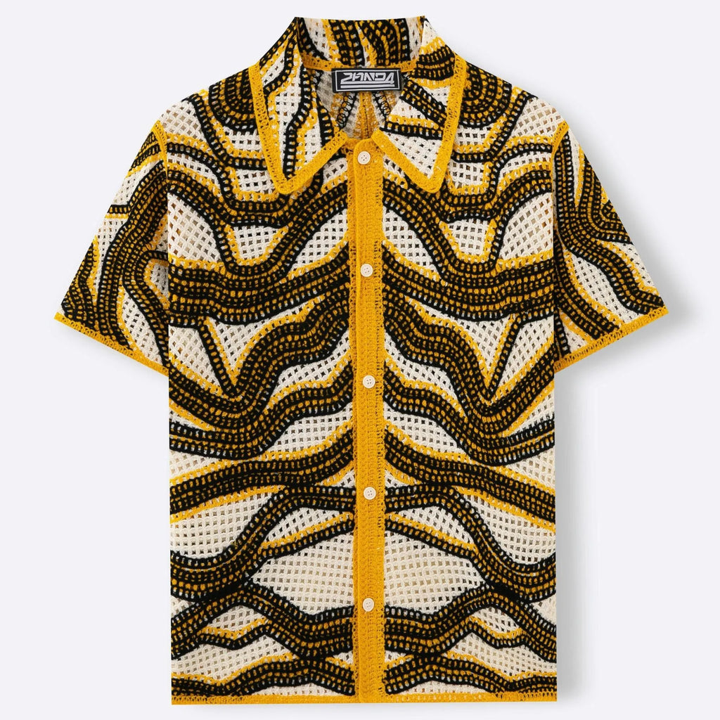 Khaki short sleeve cardigan with thin striped pattern and flocking detail on a hanger