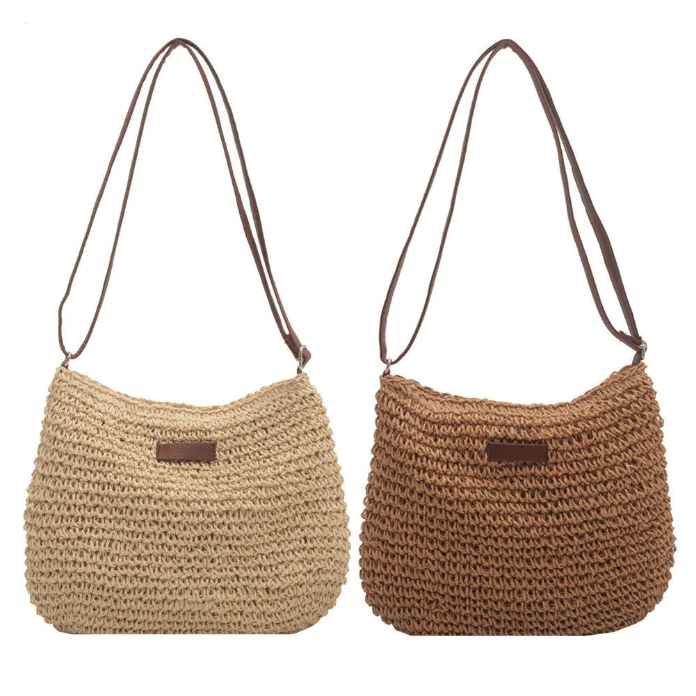 Niche design medium straw tote bag in beige with zipper closure, horizontal square shape, woven material