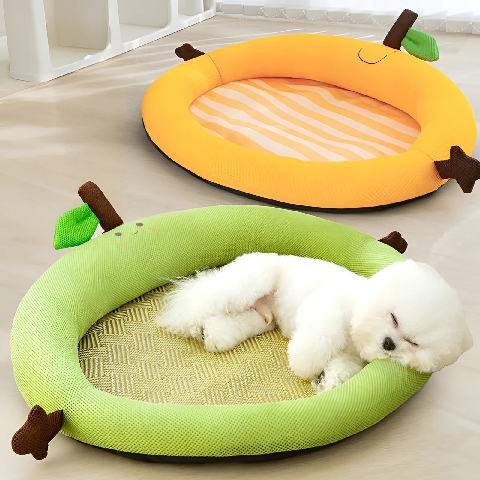 Green fruit backrest pet nest mat for dog or cat on floor.