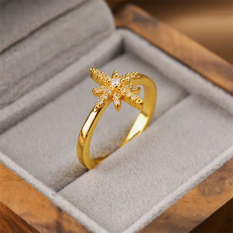Gold coloured open geometric women's ring on a copper base, showing Korean fashion style.