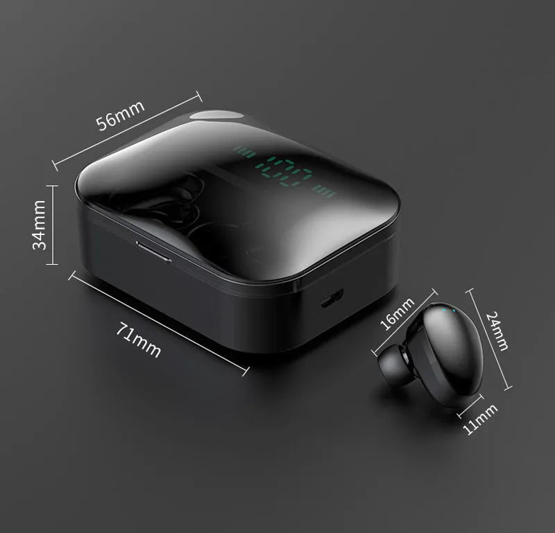 Black and white X7LED Bluetooth sports headphones with charging case showing LED indicators