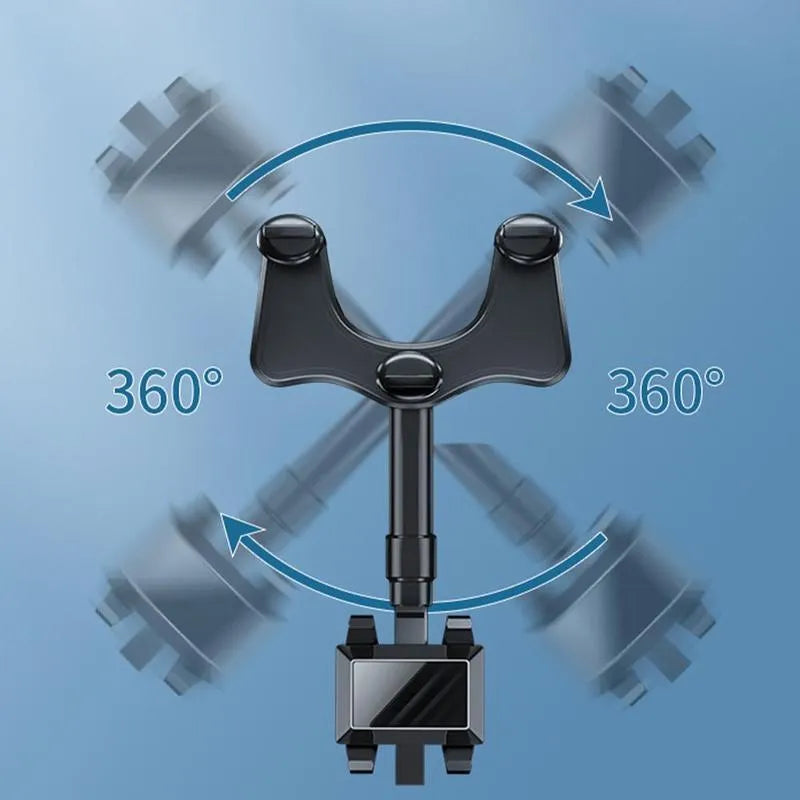 Black rearview mirror phone holder with rotating head and telescopic arm mounted on a car mirror.
