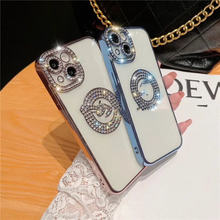 Diamond ring electroplated TPU phone case for Apple iPhone with rhinestones, black colour variant