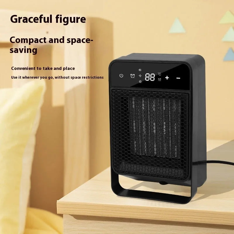Black and white desktop electric heater with digital touch screen and remote control on a wooden desk.