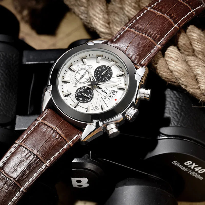 Men's casual quartz watch with three sub-dials six hands waterproof luminous 15mm brown white dial