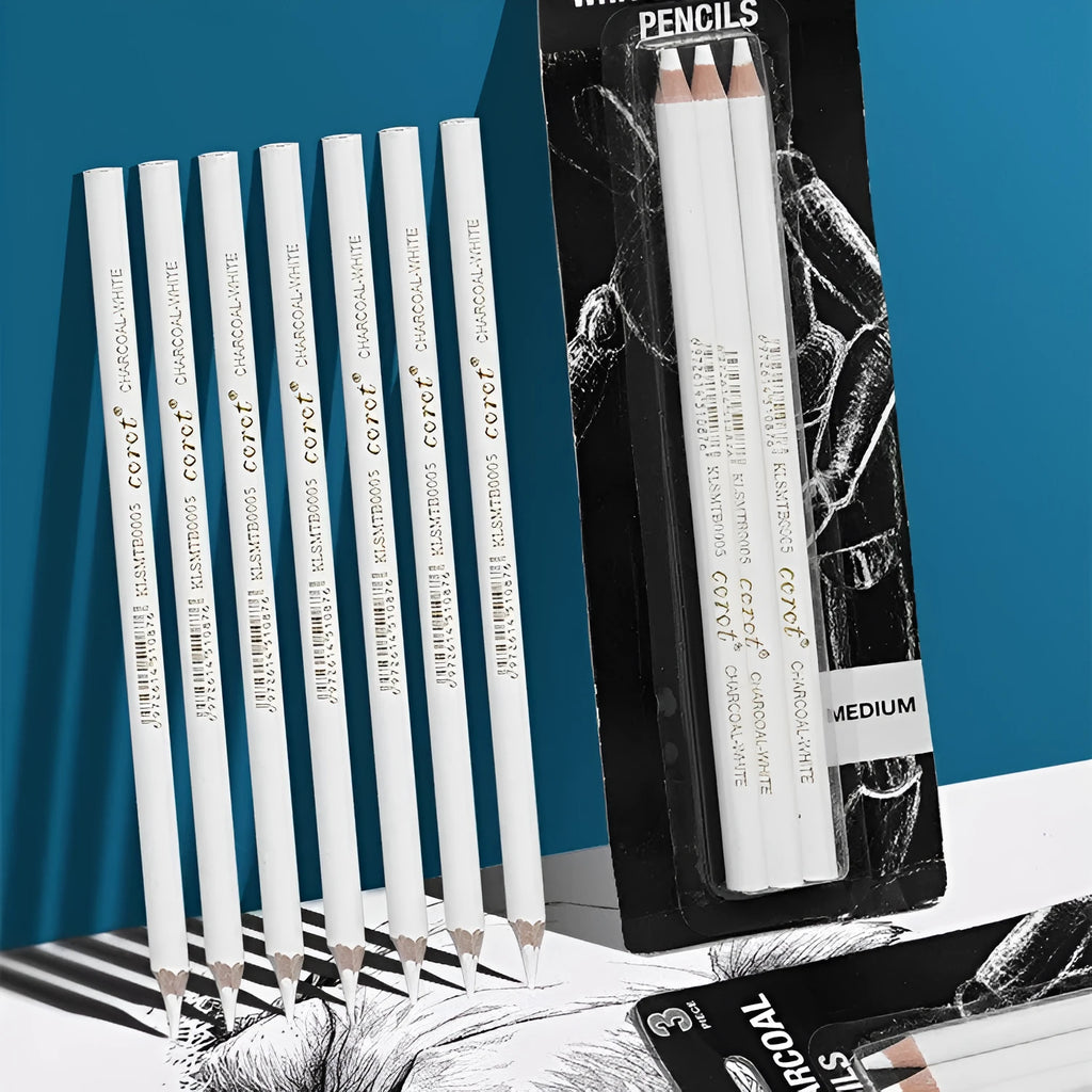 Three white charcoal pencils in wooden barrels for sketching and highlighting on dark papers