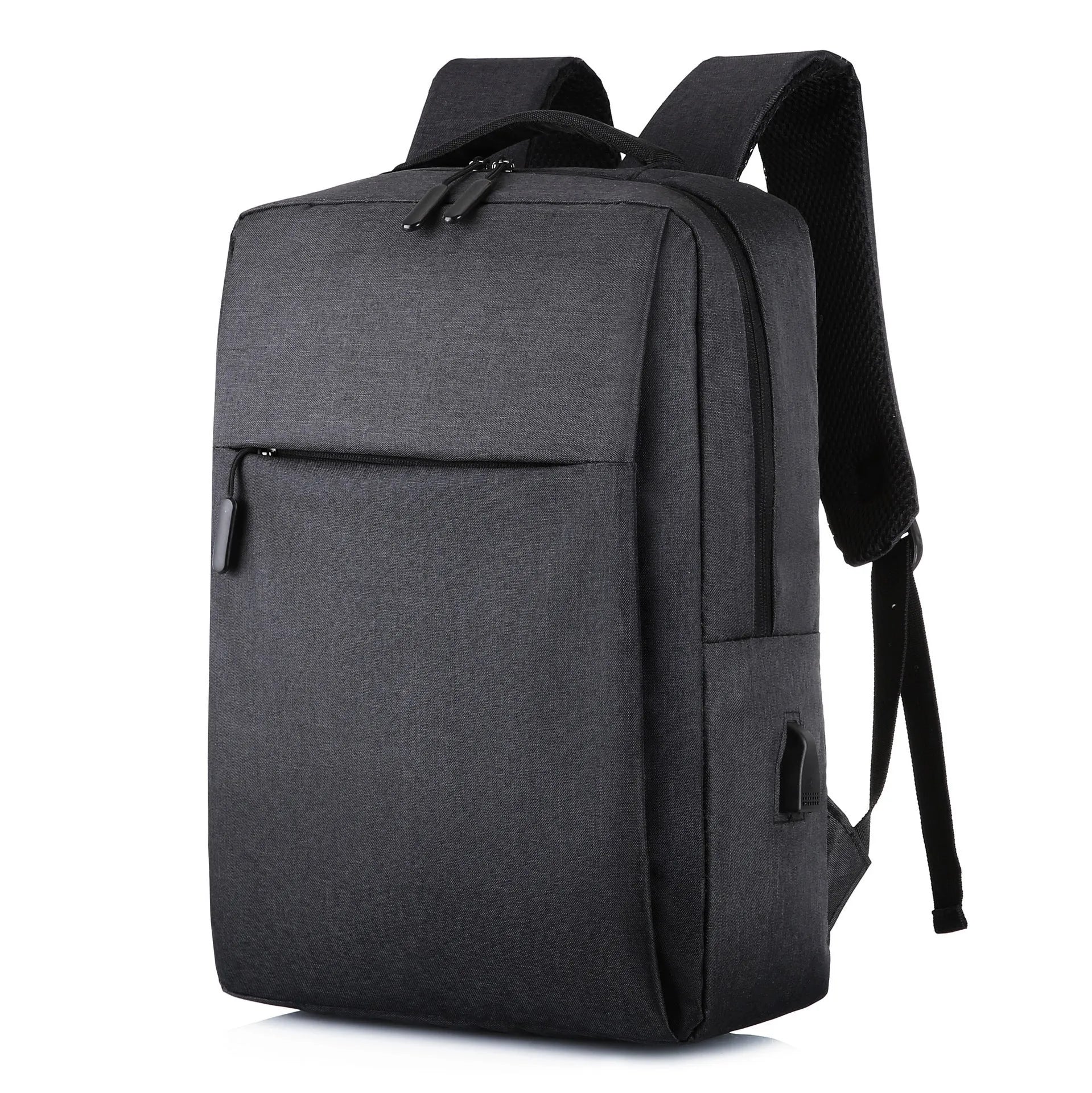 Large black sports backpack with multiple compartments, curved shoulder straps and USB charging port on side