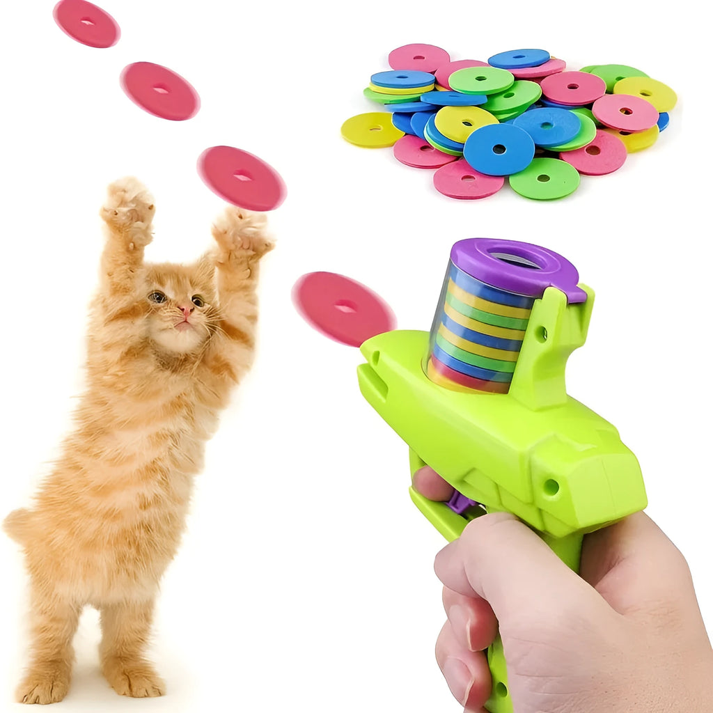 Interactive cat toy launcher with foam discs in green or purple durable plastic