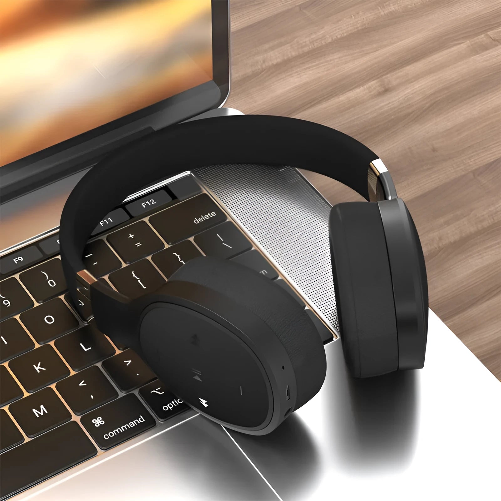 Folding wireless Bluetooth sports headset showing folded and extended positions