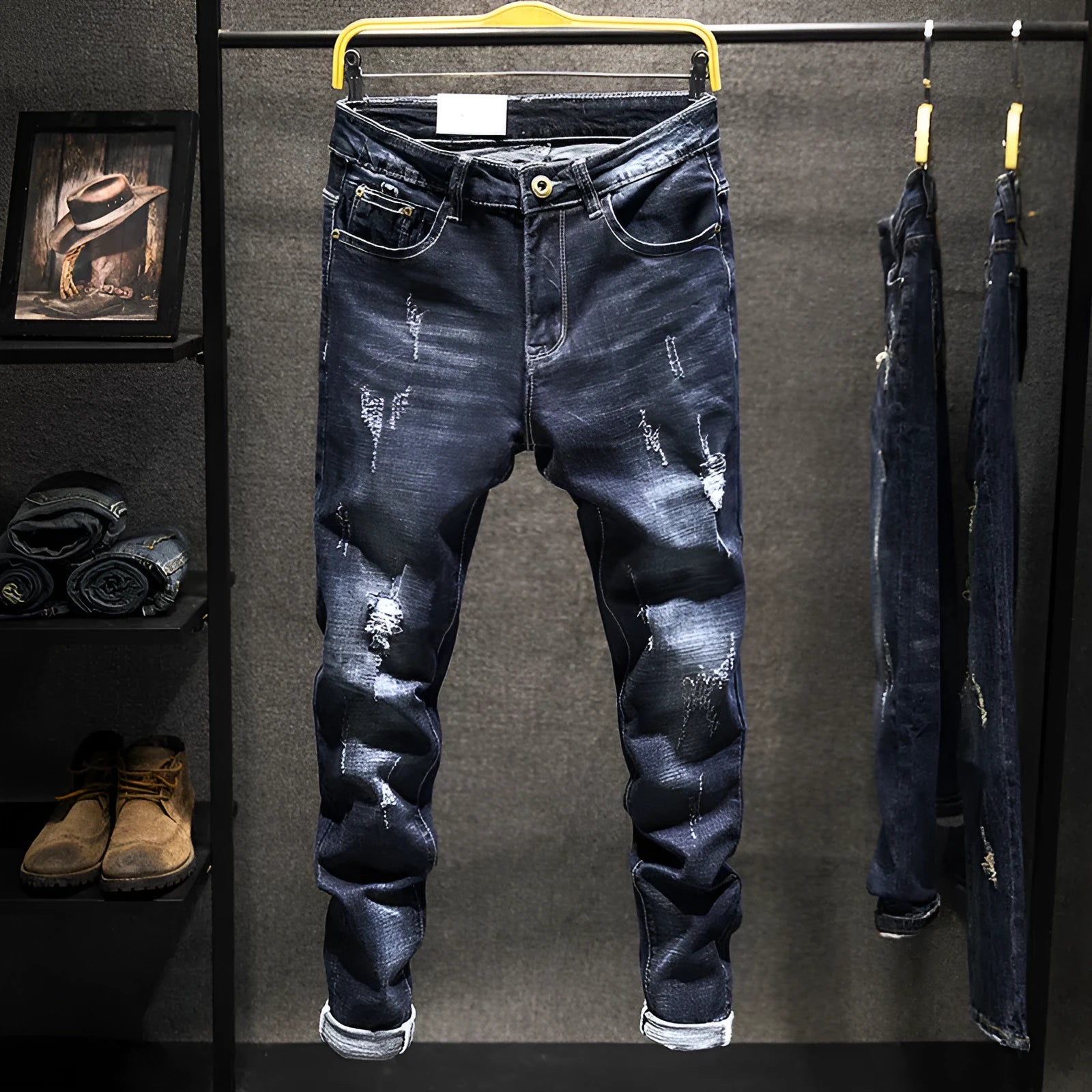 Men's slim-fit blue jeans with a mid-waist, shown in dark blue and light blue colour options.