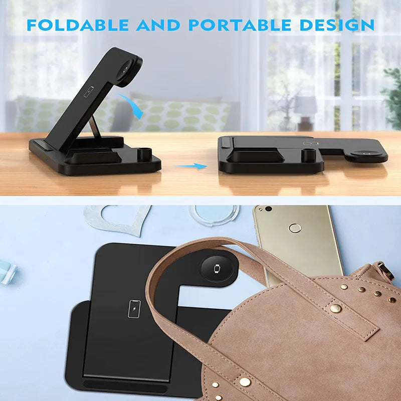Black four-in-one wireless charging station with QC3.0 fast charging head for multiple devices