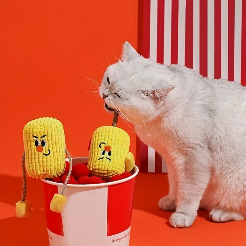 Corn cob shaped cat dental chew toy made from polioprene wood with textured surface