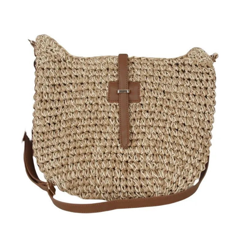 Beige handmade woven crossbody bag with a sandwich pocket and adjustable shoulder strap.