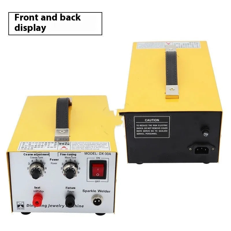 30A DC jewelry spot welder with foot pedal, soldering tweezers, and pedestal on a workbench