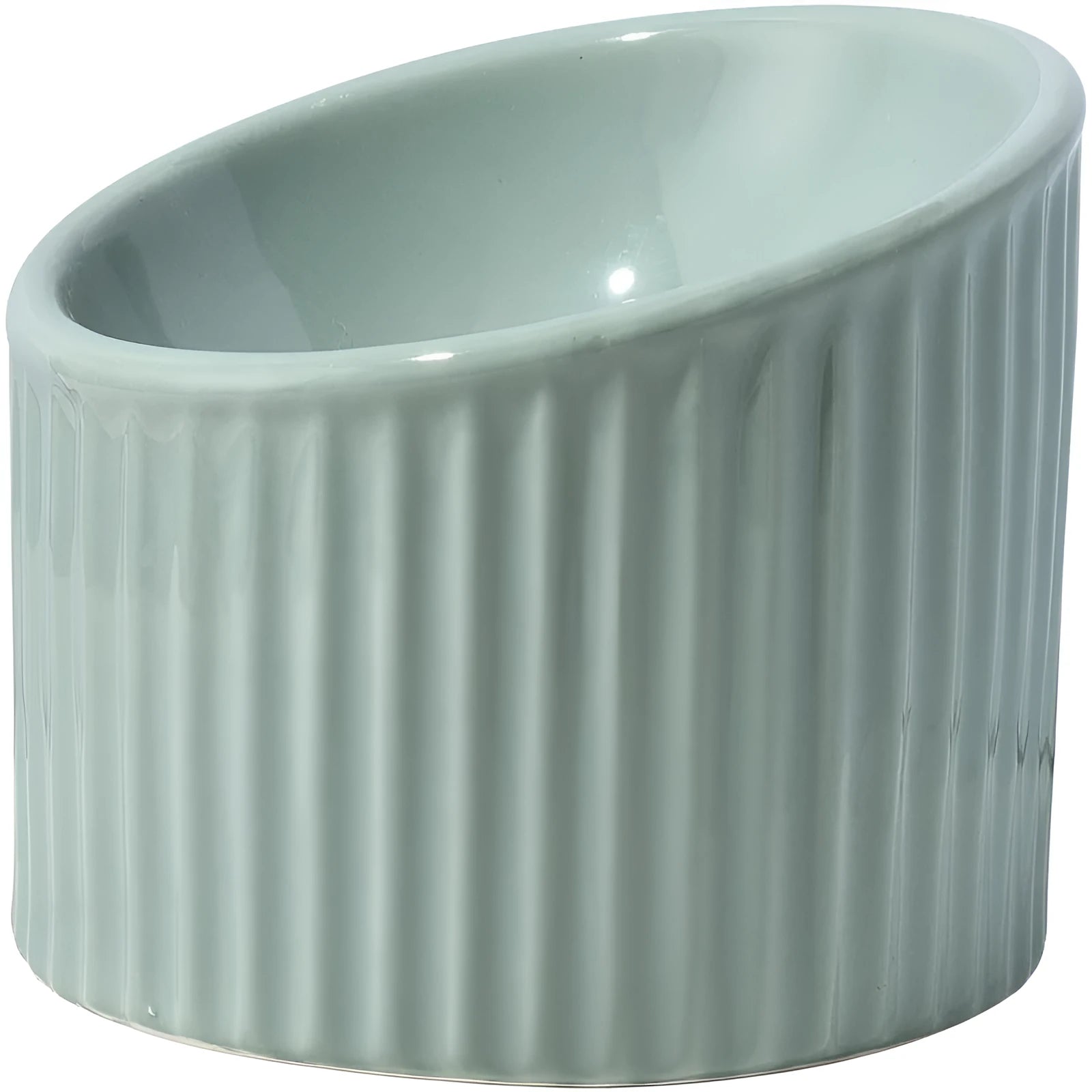 A dark green ceramic elevated cat bowl showing its raised height and round, whisker-friendly shape.