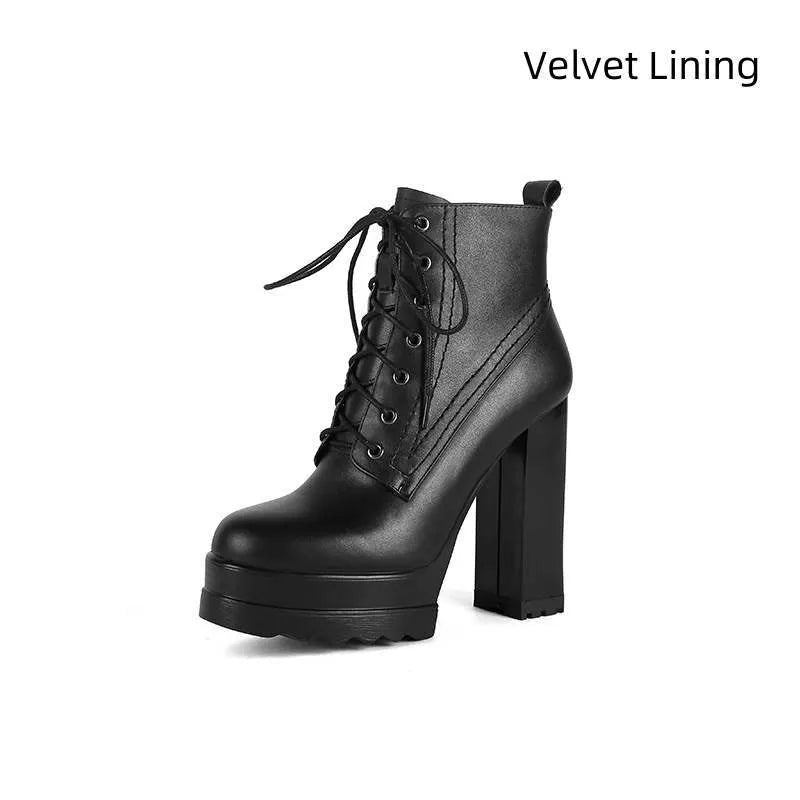 Women's black waterproof platform high heel boots with a chunky block heel and side zip.