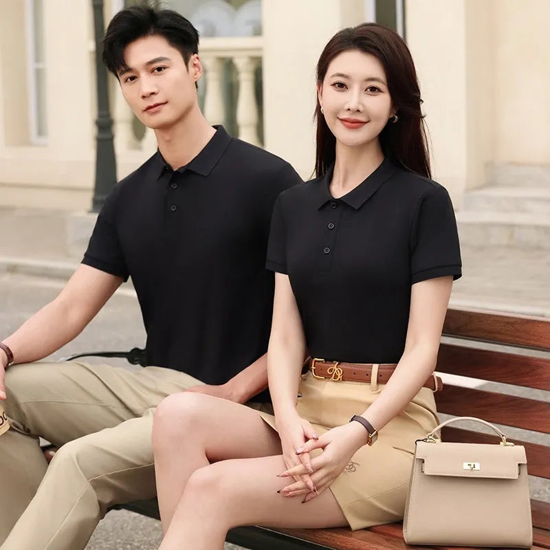 Men's short sleeve polo t-shirt with lapel collar in cotton spandex blend, multiple colour options