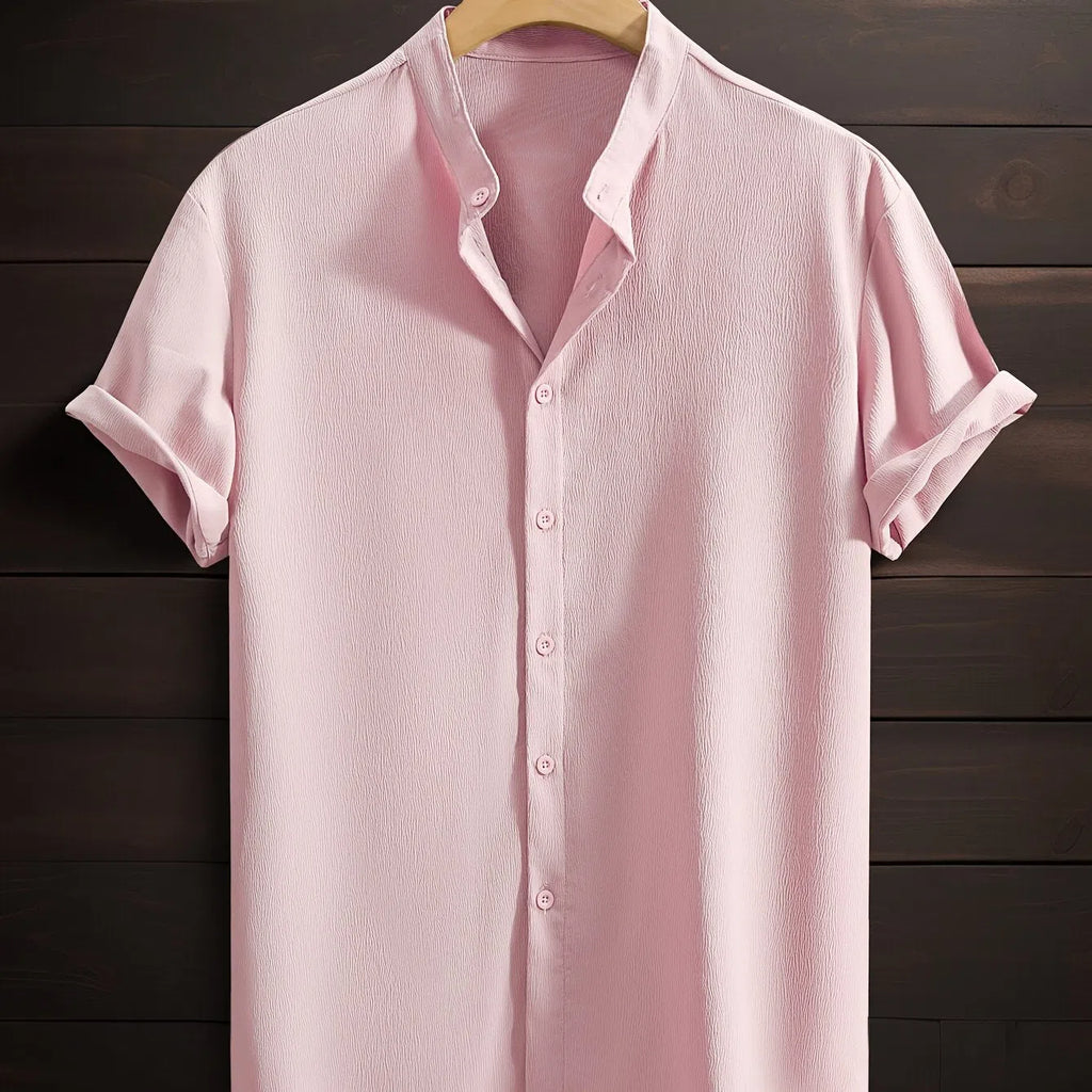 Men's casual loose fit stand collar short sleeve shirt in solid colour, breathable polyester, non-iron