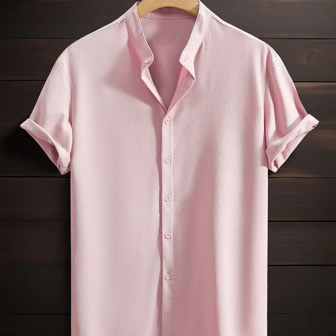 Men's casual loose fit stand collar short sleeve shirt in solid colour, breathable polyester, non-iron