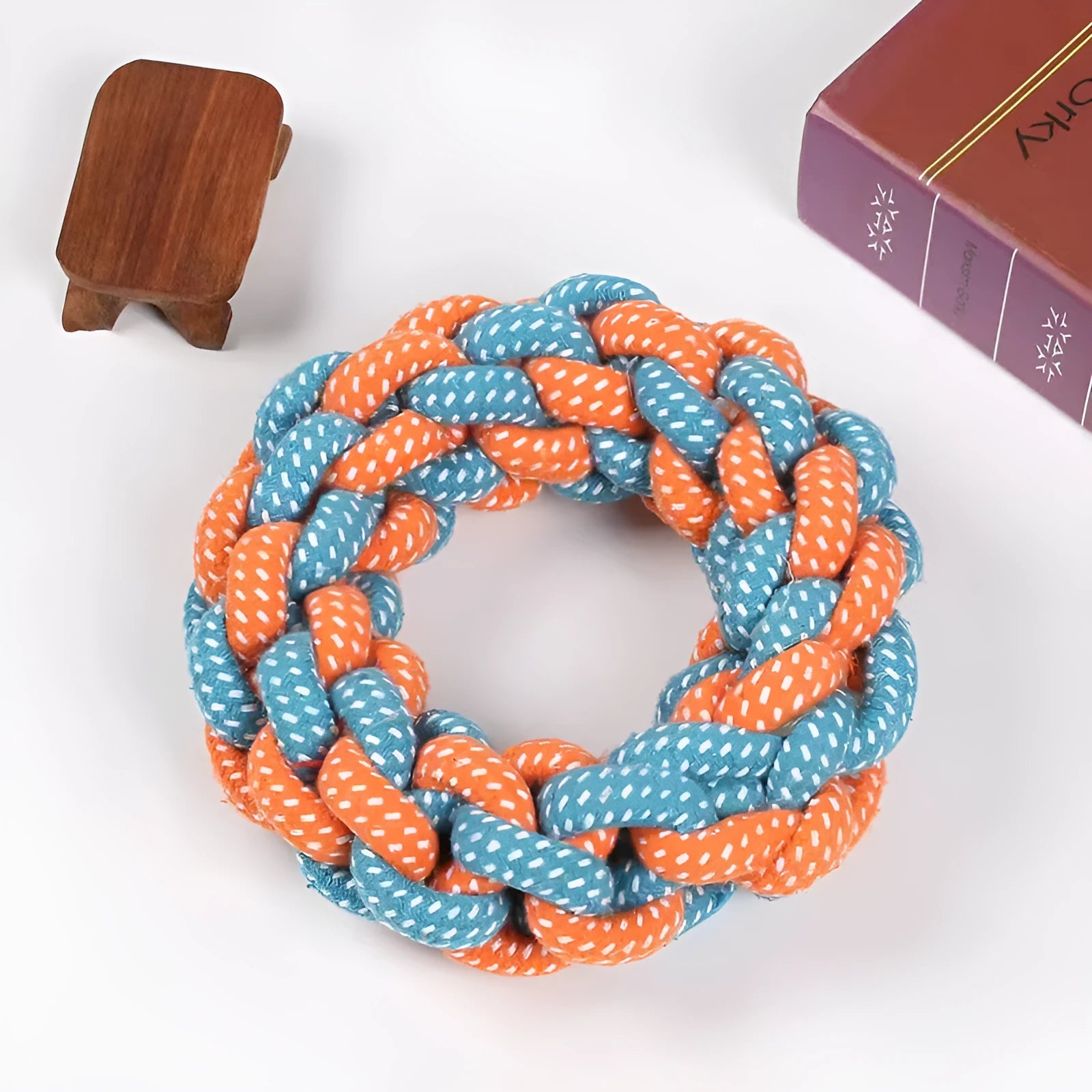 Braided cotton ring pet toy measuring 18cm in diameter