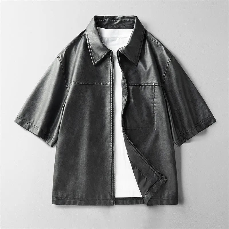 High street faux leather short sleeve jacket for women with princess sleeves, available in black coffee khaki, sizes M to 4XL