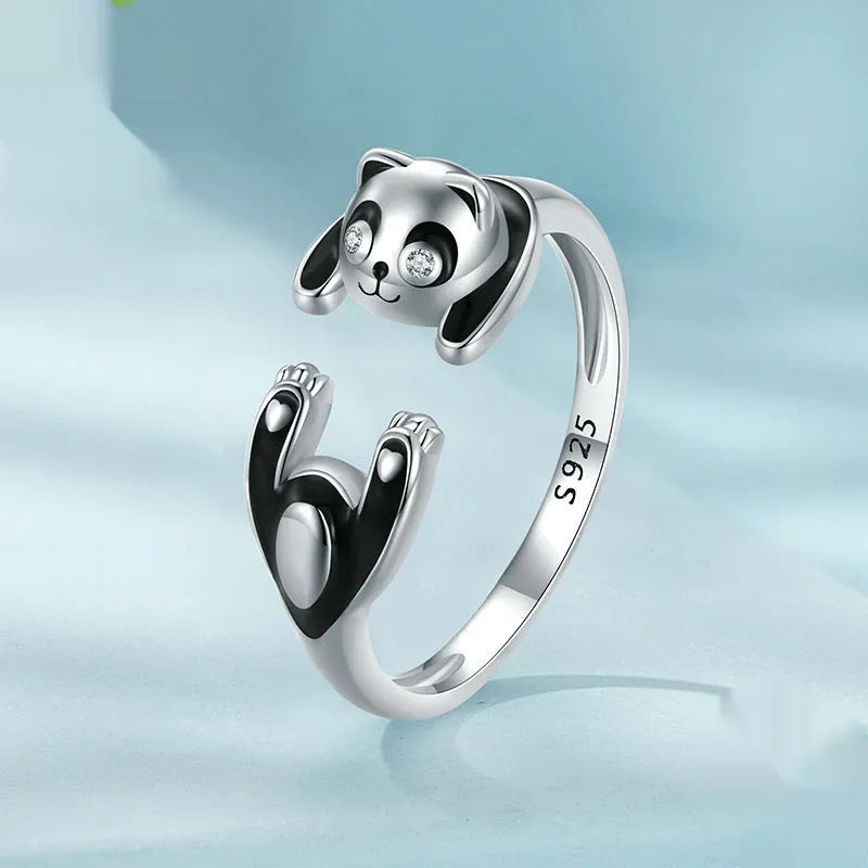 Sterling silver adjustable panda open ring bracelet with white gold plating and cute animal charm