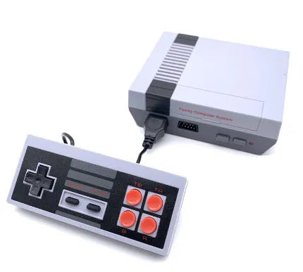 Compact black NES-style retro game console with two rectangular controllers on a white background