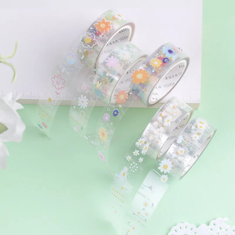 Midsummer Daisy colour decorative adhesive tape on transparent PET polyester base, 1.5cm width
