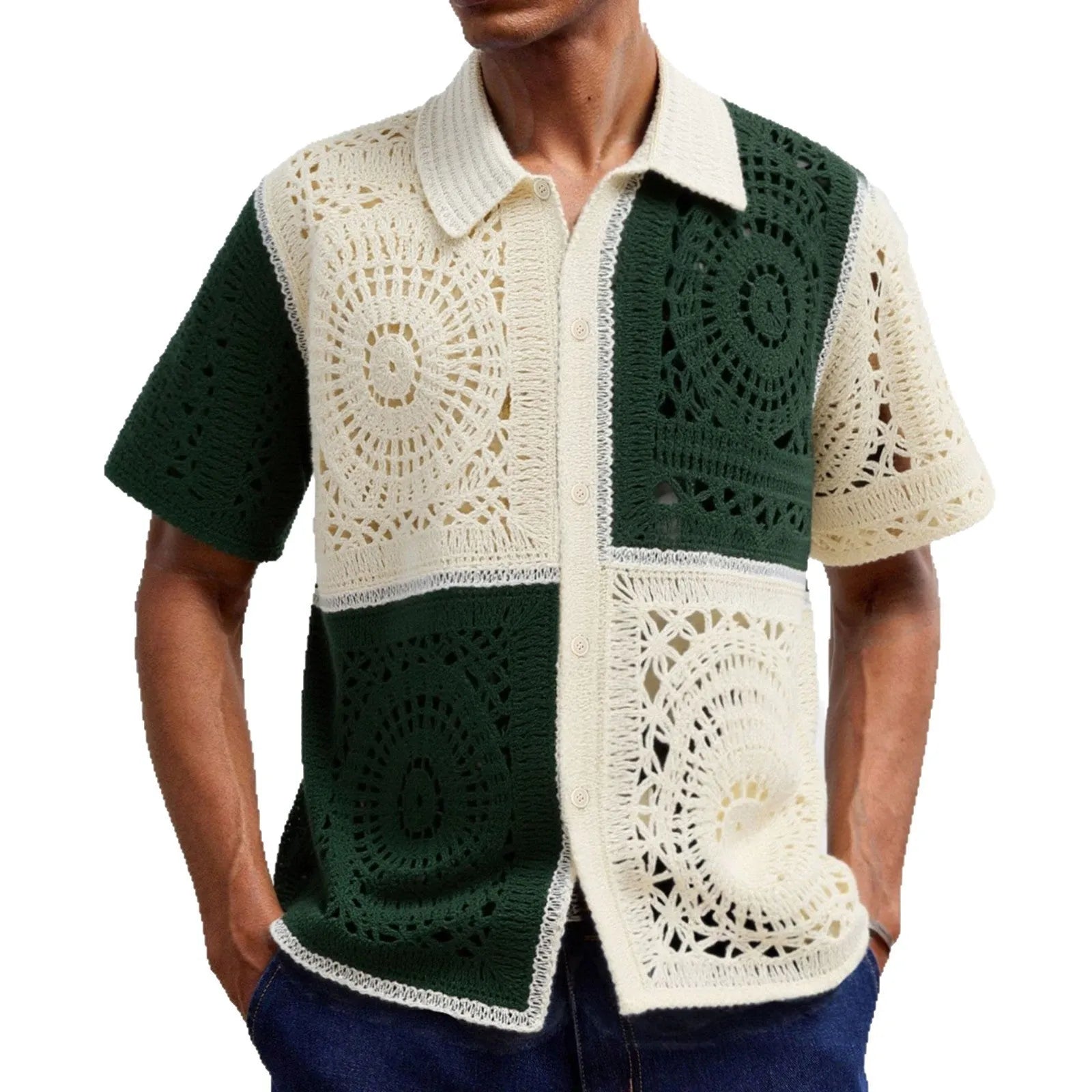Beige colourblock men's knitted shirt with short sleeves on hanger