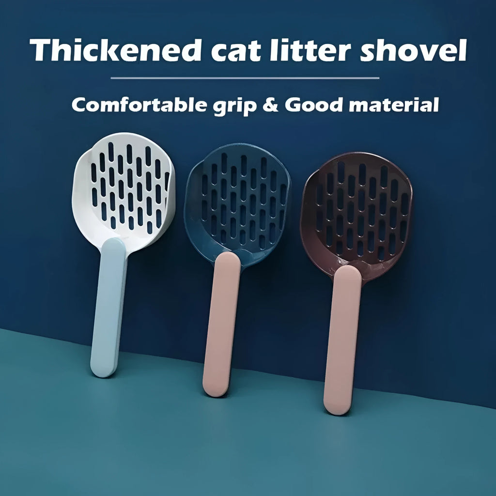 Blue plastic cat litter scoop for cleaning pet litter boxes.