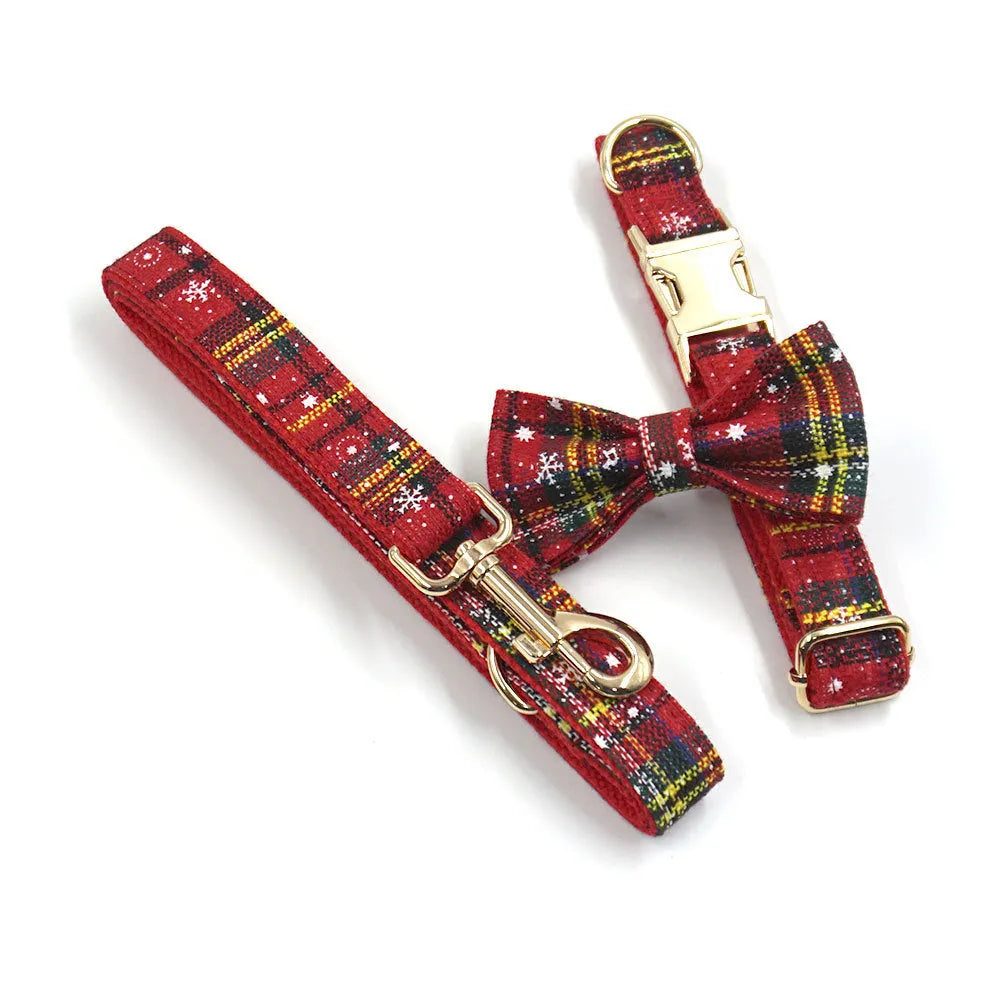 Red Christmas pet collar, traction rope, bow, and chest-back harness bag set with laser sculpture patterns