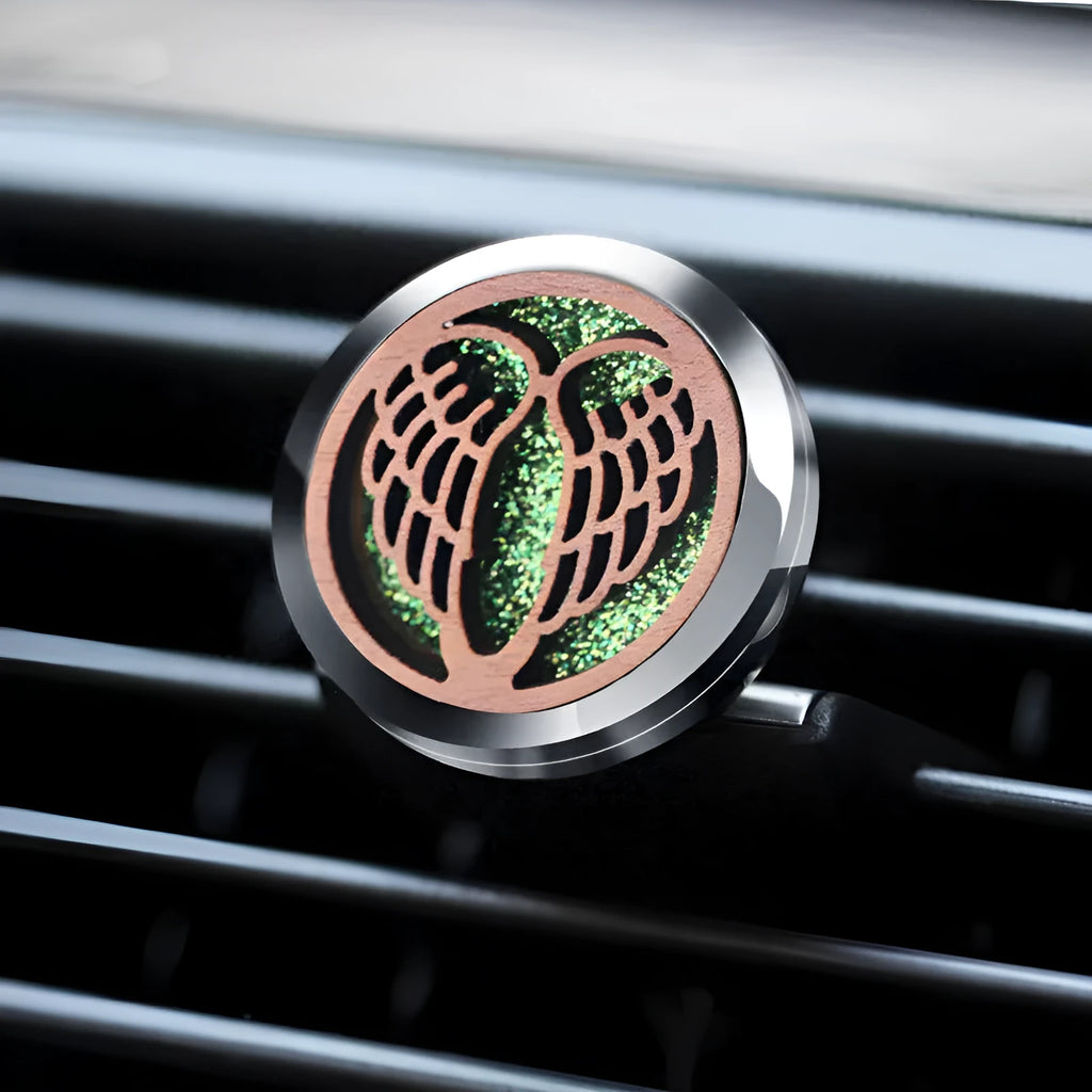 Round alloy and wood car aromatherapy clip for incense sticks, shown in a selected colour.