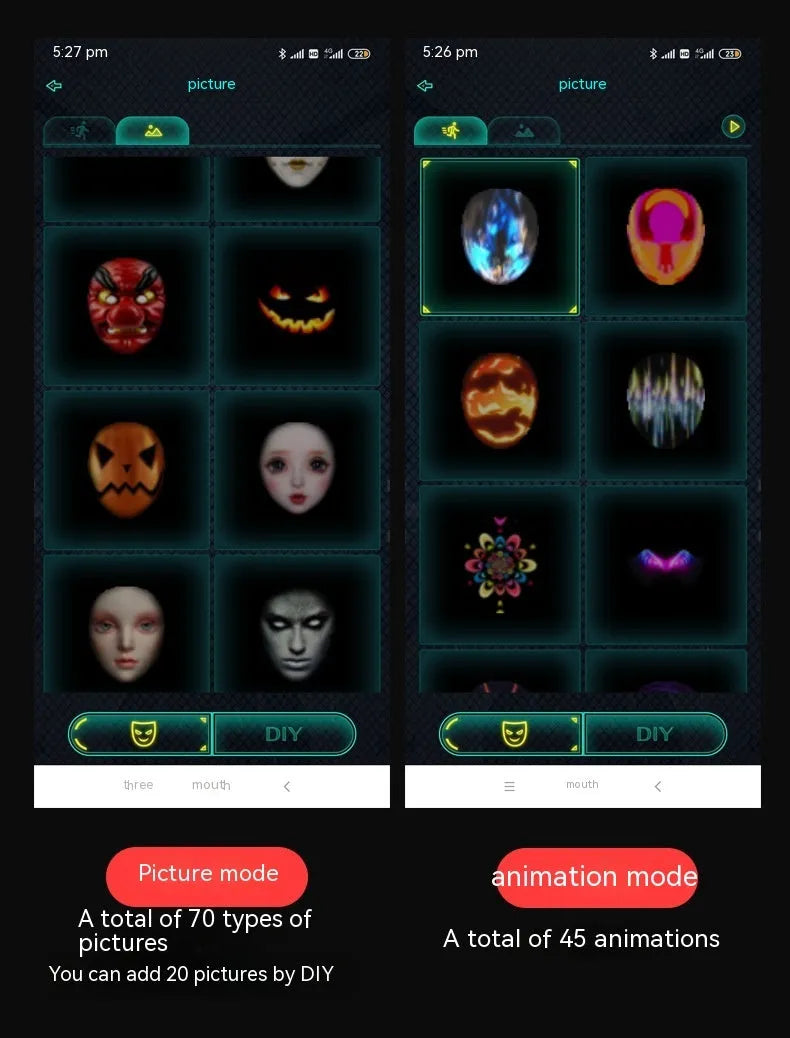 LED luminous face mask with full colour display showing character design, featuring gesture control sensor and comfortable silicone interior