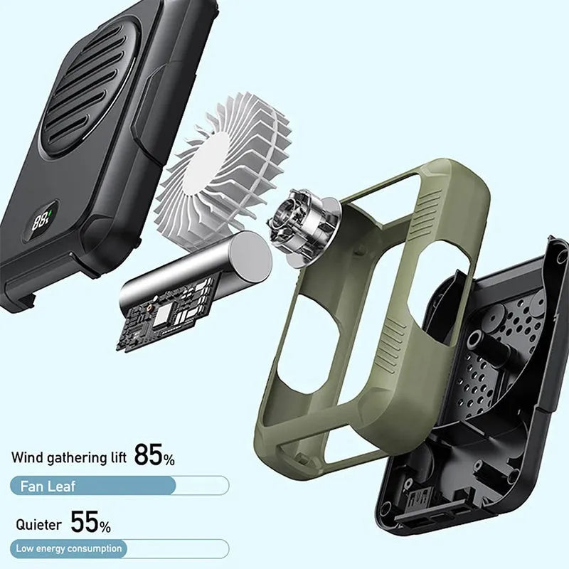 Green leafless hanging neck fan with USB charging port, shown for outdoor use.