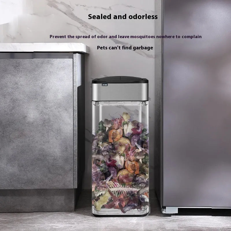 Square inductive smart trash can in stainless steel or white plastic, showing automatic lid open.