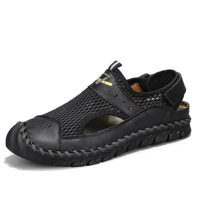 Men's black leather low-top pumps with mesh panels and an elastic band closure.